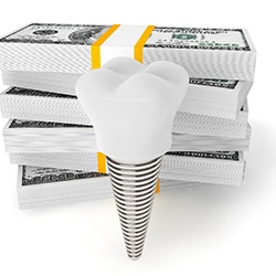 3 D illustration of a dental implant and stack of money
