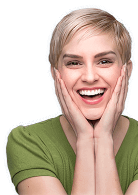 Smiling woman with short blonde hair touching her face