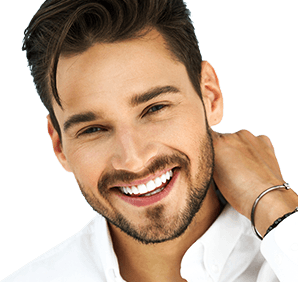 Smiling man in white collared shirt